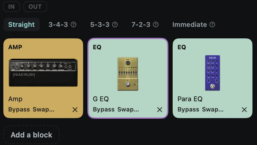 Three cards on the rail, the middle one picked with the selection ring, each with Bypass, Swap and remove controls, and Add a block under them