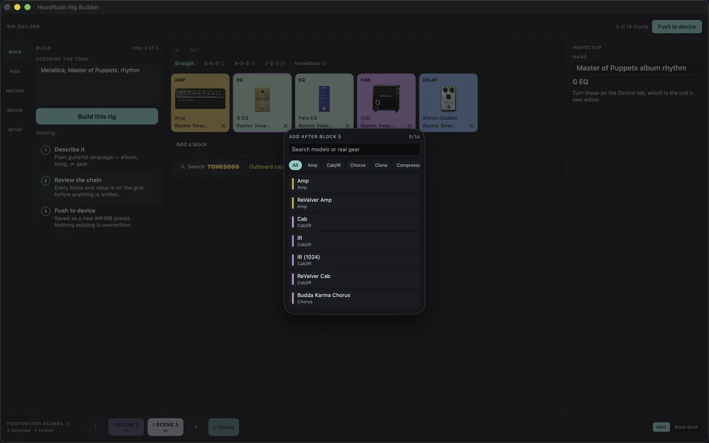 The Add a block palette over the console: categories down the side, blocks with their real-gear names, a search box and the budget
