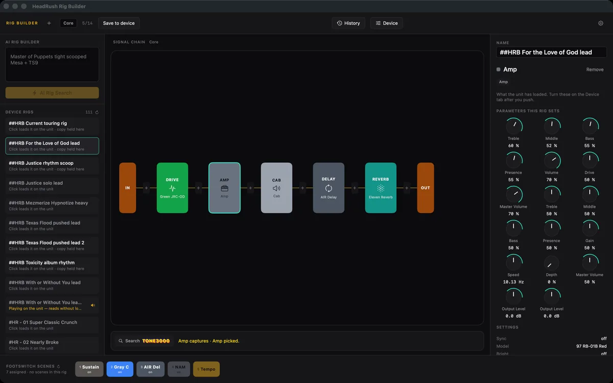 The macOS app: prompt, signal chain and amp inspector in one window