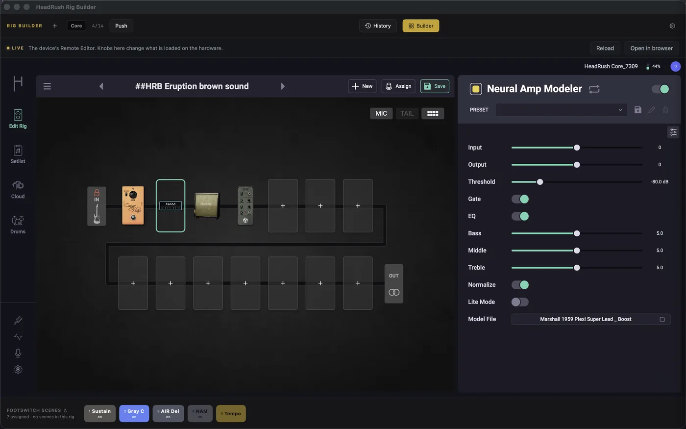 The Device tab: the unit's own Remote Editor live inside the app, a NAM block selected with its model file showing