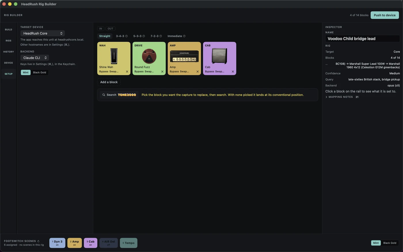 The Setup panel: target device, backend, and Mint or Black Gold